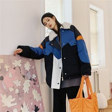 바하마스브리즈 요술쟁이 오리지널제작 스트릿 무드 패치워크 블러킹 라이크 양말이 털 넥 야구 패딩 와이드 루즈핏 슬림핏