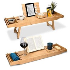 Navaris Bamboo Bath Shelf Extendible with Book iPad Stopper Mobile Phone Shelf Wine Glass Holder Tra, Braun, One Color
