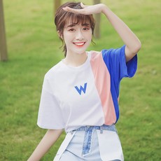 실크 kaqi 여름 여성용 컬러 매칭 학생 반팔 티셔츠 편지 간단한 인 탑스