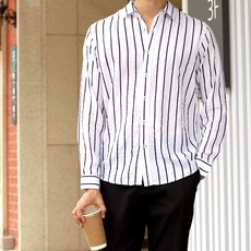 남자 린넨 스트라이프 셔츠 여름 긴팔 줄무늬 남방