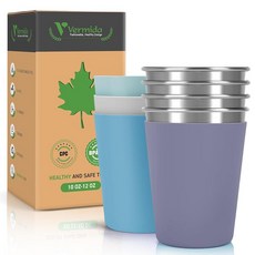 Vermida 어린이 및 유아용 스테인리스 스틸 컵 283.5g(10온스) 쌓을 수 있는 스테인리스 스틸 아동용 컵 실리콘 슬리브 땀 방지 가정 및 실외용 깨지지 않는 금, 블루, 그린, 다크 그레이, 그레이