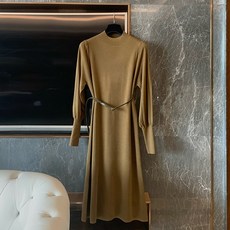 반목원피스 프렌치시크 니트 이너 슬림 허리벨트 롱 타입 무릎넘어 스웨터 여성 겨울 가을