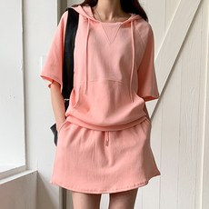 유야 여성용 면 무지 후드 반팔 티셔츠 치마바지 트레이닝 세트 츄리닝 투피스 셋업 꾸안꾸 PST0226여성의류 여름 코디