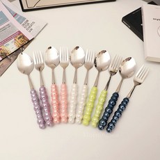 MorningSea 도자기 손잡이304스텐 구슬 디저트 포크 수저 세트, 포크+스푼, 10개 포크+스푼, 10개