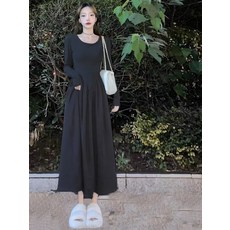 해피유통 여성 심플 캐주얼 긴팔 슬림 롱 맨투맨 원피스