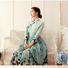 선데이한복 설레임 민트 스판 배색 철릭원피스 데일리 생활한복