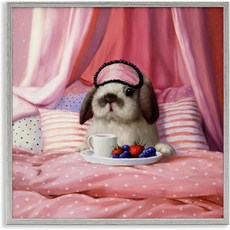 Stupell Industries Adorable House Bunny Rabbit Breakfast In Bed Pink Lucia Heffernan 디자인 벽 명판 30., 12L" x 12W", 그레이 프레임