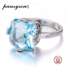 Pansysen 레이디 절묘한 순수한 925 실버 아쿠아 마린 반지 12x12mm 스퀘어 보석 손가락 반지 브랜드 발렌타인 선물