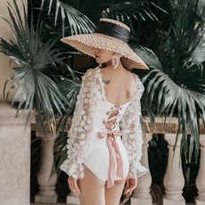 플라워 레이스 긴 소매 오프숄더 모노키니, 하얀
