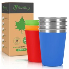 Vermida 어린이 및 유아용 스테인리스 스틸 컵 283.5g(10온스) 쌓을 수 있는 스테인리스 스틸 아동용 컵 실리콘 슬리브 땀 방지 가정 및 실외용 깨지지 않는 금, 오렌지, 그린, 블루, 레드
