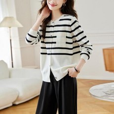 간절기 여친 라운드 캐시미어 카디건 스트라이프 여자 울 니트가디건 데일리룩 루즈핏 여성 스웨터 OPH3