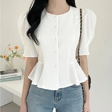 VERIT 볼륨퍼프숄더 자가드패턴 프릴 블라우스셔츠 VT622