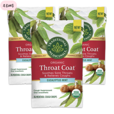 트레디셔날 메디시널 Throat Coat 유칼립투스 16개입 x 3팩 기침 감기 사탕, 3개, 16개