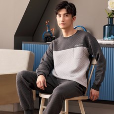 레니몰 겨울잠옷세트 삼층 이중지 면 라운드넥 풀오버 후드 청년 실내복 홈웨어 스포츠 레저 무드 겨울 가을 계절 잠옷