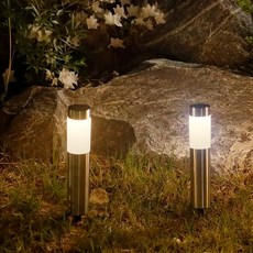 에이치케이셀 슬림 LED 태양열 원형 기둥 정원등 2개 1세트, 실버-황색등