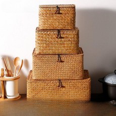 사각 라탄 바구니 바스켓 뚜껑 수납장, 29. 커피색 31x21x10cm, 1개