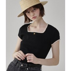 론론 LACE SQUARE HEART NECK SHORT SLEEVE BLACK