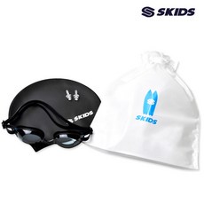 스키즈 성인용 수영용품 수경+실리콘수모+귀마개+방수파우치 4종세트 블랙