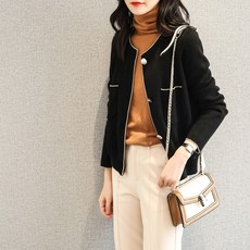 우아한 화려한 진주 규빅 버튼 선명한 레이스 상감 라인 양털 울 숏가디건 여성 초 가을 ELZY25855, M（20 내 출하함 ） 블랙