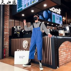 스마트영 일자 9부 팬츠 등 목을 매 있다 남자 어부 작은 멜빵바지 150CM 키커 보이는 빈티지 카고 작업복 바디슈트
