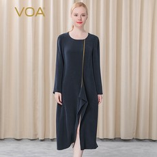 VOA 무게 파운드 실크 30 엄 쌀 네이비그레인 색깔 라운드긴팔 구제금 엘로 바사일 프릴 앞트임원피스