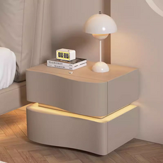 루앙 LED 침대 협탁 조명 색상 조절가능 가죽 원목 스마트 미니 침대옆 침실 서랍장 사이드 테이블, 넓이 45cm, 카키, 1개