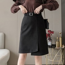 언발스커트 모직 체크 여성 겨울 가을 하프기장 슬림핏 빅사이즈 트임 절개 슬릿 원스텝