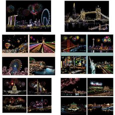 가제만 20종 + 도구 키트 스크래치 북 나이트뷰 세트 취미 집순이 diy 야경 명화그리기 컬러 스크레치북, A세트