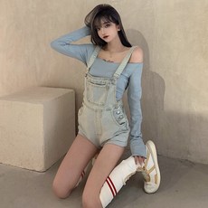 [JE108425] 실제촬영실가 스모그블루목이 짧은 귀고리긴소매상의＋복고망레드데님 멜빵 반바지