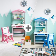 하이지니프로 2세트 책꽂이있는 유아책상의자 / 두아이를 위한 학습 놀이공간 풀세트 / 어린이날선물, 파스텔 핑크+핑크