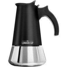 London Sip 스테인리스 스틸 스토브탑 에스프레소 메이커 모카포트 이탈리아 커피 퍼컬레이터 구리 에스프레소 컵 3개, 매트 블랙