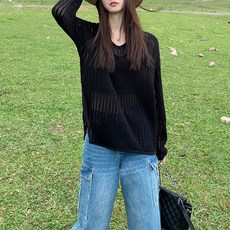 ANYOU 여성 브이넥 그물 니트 루즈 바캉스 매니시 메쉬 니트 탑, 블랙
