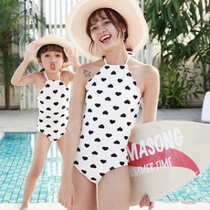 하이유맘 여름 해변 휴가 어린이 하트 무늬 아가랑엄마 커플 수영복CY