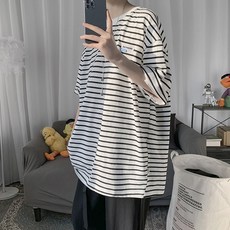 케이댄스 줄 단아한 여름 와이드 루즈핏 캐쥬얼 커플 티셔츠 스트라이프 단가라
