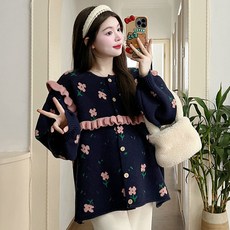 봄가을 임산부 니트 가디건 빅사이즈 패션 임부복 하객룩 데일리 루즈핏 플라워 임부 니트 코트 YJW