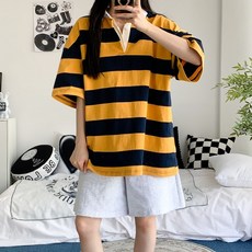 [남녀공용/5col] 트라이 루즈핏 단가라 스트라이프 카라 반팔 럭비 티셔츠