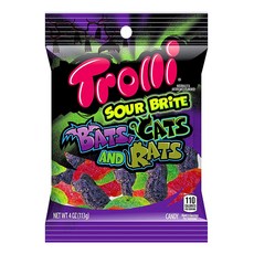 Trolli 트롤리 사워 브라이트 배트 캣 랫 젤리 113g 할로윈 구미 Sour Brite Bats Cats and Rats, 1개