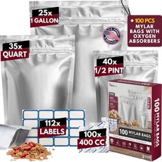 산소 흡수제가 포함된 마일라 백 100팩 - 10.6 MIL 두께 3가지 크기 25x1 갤런 35x1 쿼트 40x1/2 파인트 식품 보관용 흡수제 100개와 112 라벨이 재밀, 100 Pack - 3 SizesGlare Grey, 1개