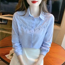 ROYALBELLE 여성 순면 플라워 자수 데일리 남방 세련된 패션 긴팔 카라넥 셔츠 상의 K062507 - 빈폴여성셔츠