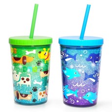 Home Tune 414ml(14온스) 아동용 텀블러 물 음료 컵 2팩 - BPA 프리 빨대 뚜껑 컵 재사용 가능 경량 흘림 방지 물병 여아 및 남아용 귀여운 디자인, 상어 및 개