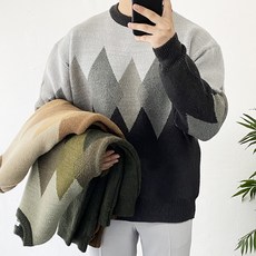 데일트 남자 겨울 오버핏 울 아가일 니트 3컬러