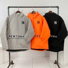 오버핏 뉴욕 자수 네온 형광 옆 지퍼 언발 아노락 패딩 후드 티셔츠 3color