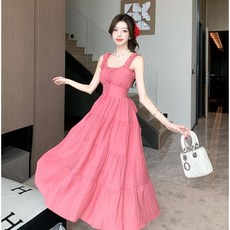 핑크 비치웨어 바캉스룩 프렌치 쉬폰 고급 섹시 프릴 원피스