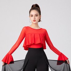 라틴 댄스복 상의 라인 SS100 로터스 슬리브 디자인 여성 댄스 바디 수트 퍼포먼스 모던 탑스 라틴계 댄스웨어, [06] XXXL, [02] 001