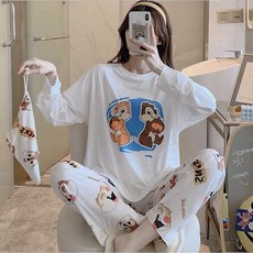 칩앤데일 다람쥐 면티 긴팔 패턴 무늬 긴바지 잠옷 내복 상하의세트 파자마 여성 홈웨어 파우치