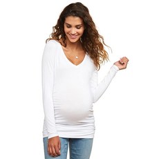 Motherhood Maternity 여성용 긴소매 브이넥 사이드 티셔츠 화이트