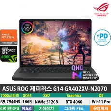 (당일발송) ASUS ROG 제피러스 G14 GA402XV-N2070 R9-7940HS/RTX4060/DDR5 16GB/NVMe 512GB/Win11Pro/게이밍, WIN11 Pro, 16GB, 512GB, 라이젠9, 그레이