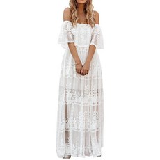MERMAID'S CLOSET 여성용 캐주얼 오프 숄더 레이스 맥시 드레스 보헤미안 화이트 들러리 웨딩 이브닝 파티 드레스 화이트.