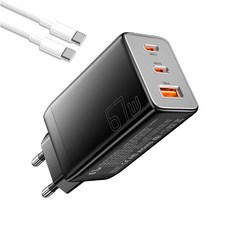 Essager 67W 질화칼륨(GaN) 소재 3포트 C타입 A타입 멀티 타입 동시충전 PD3.0 PPS QC4.0 한국 플러그 초고속 충전기, 1세트, 블랙