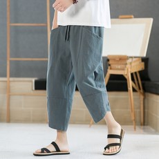 POMTOR 남자 7부 바지 리넨 반바지 캐주얼 면 마 비치 팬츠 린넨바지